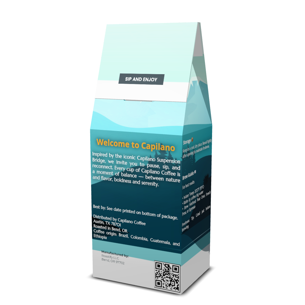 Capilano coffee package with blue and white design on a white background