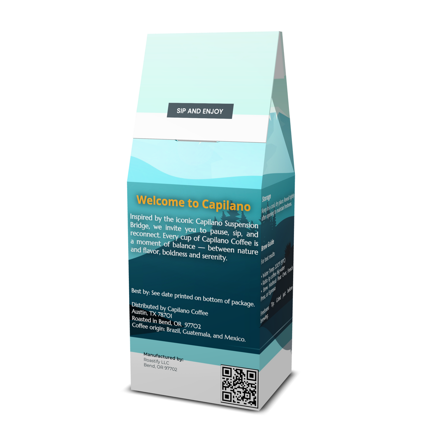 Side and back view of Capilano Coffee bag showing storage, brew guide and label details
