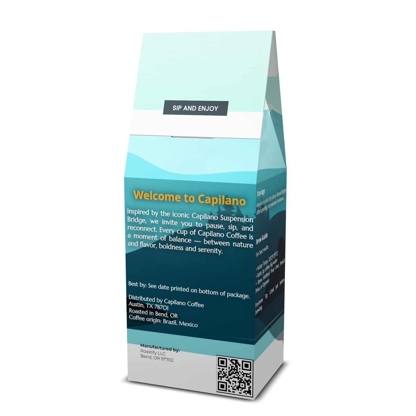 Side view of Capilano Coffee bag showing storage instructions, brew guide, and label details