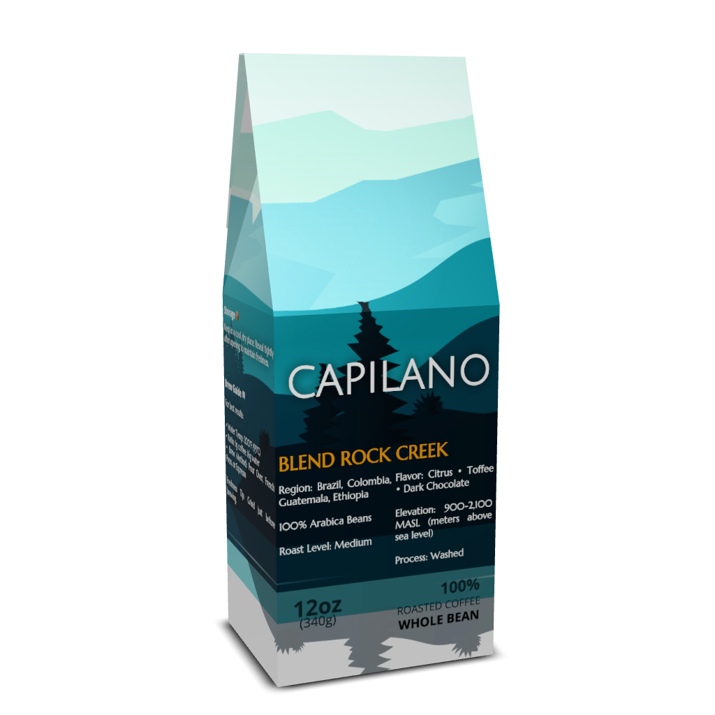 Capilano Blend Rock Creek coffee package with mountain and tree design