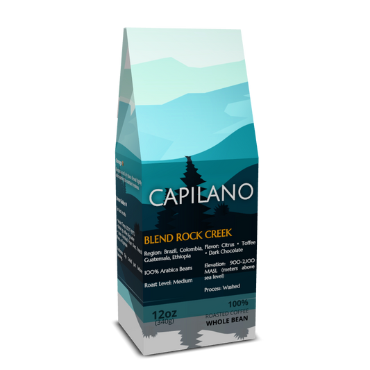 Capilano Blend Rock Creek coffee package with mountain and tree design