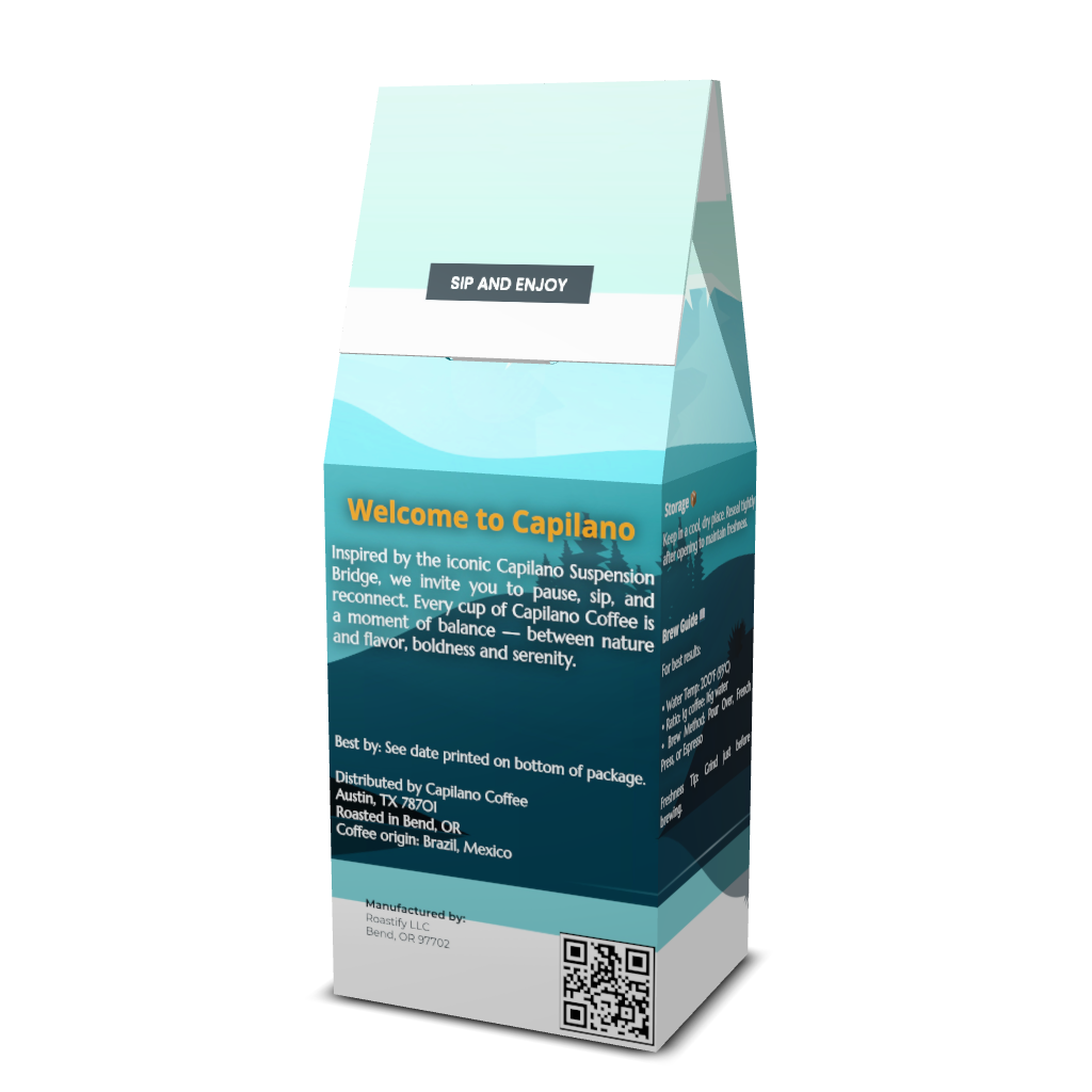 Side view of Capilano Coffee bag showing storage instructions, brew guide, and label details