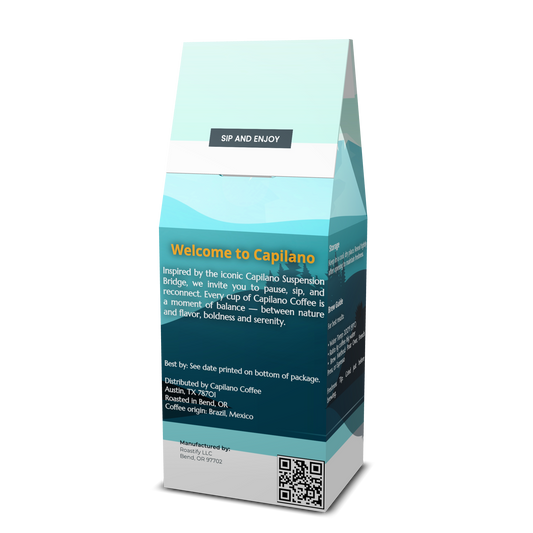 Side view of Capilano Coffee bag showing storage instructions, brew guide, and label details