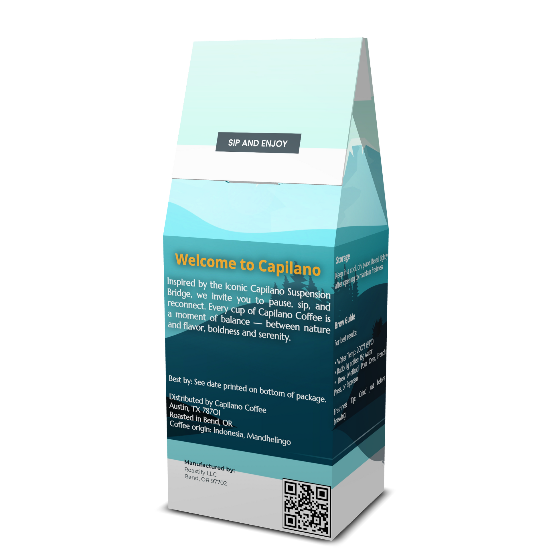 Side and back view of Capilano Coffee bag showing storage, brew guide and label details