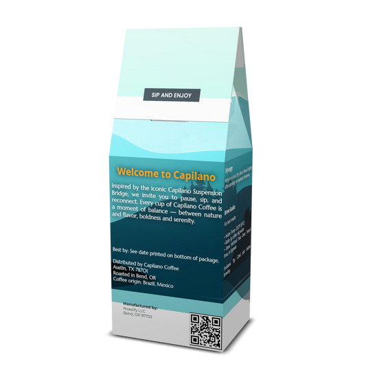 Side view of Capilano Coffee bag showing  brew instructions and label details